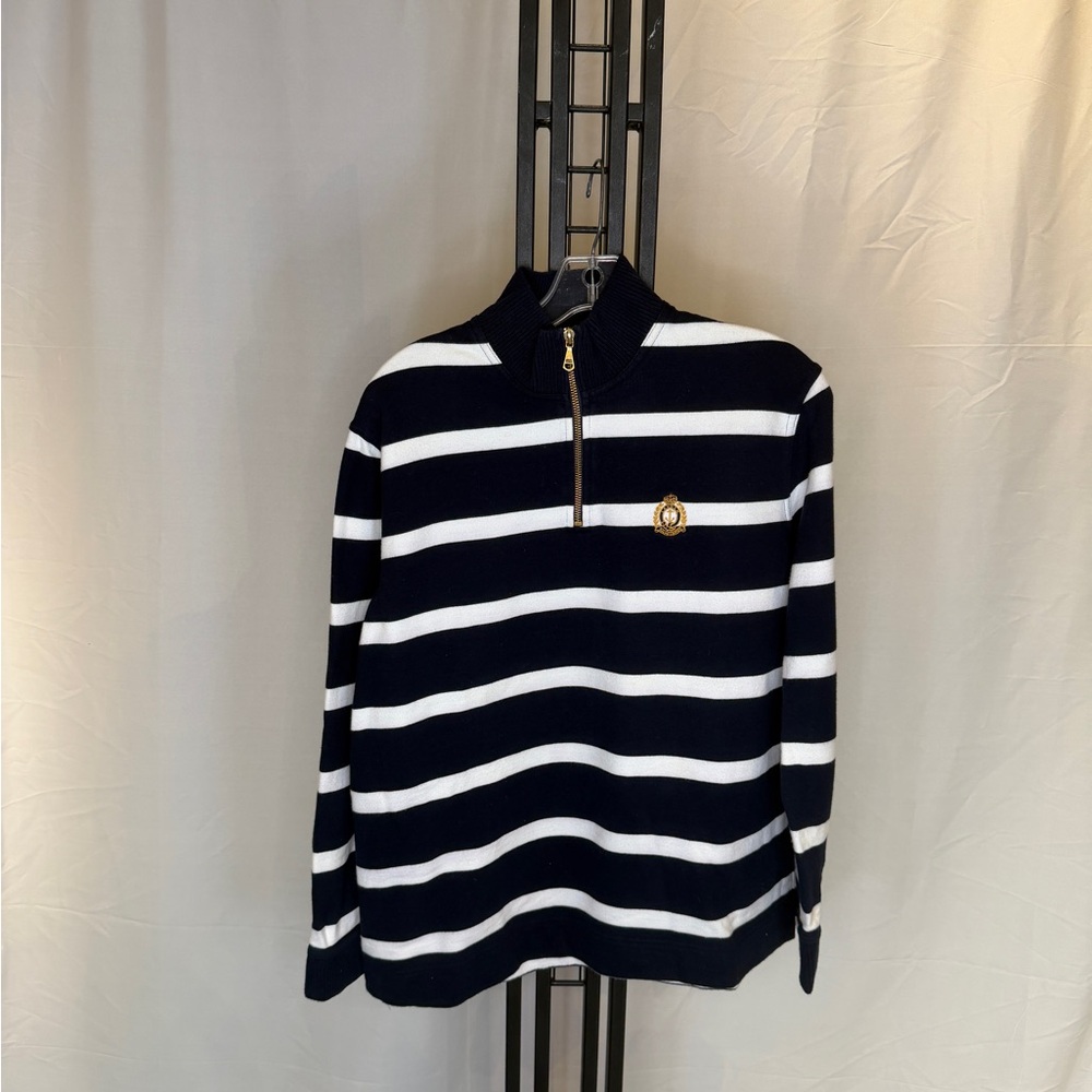 Ralph Lauren Black and White Striped Zip-Up Sweater (Y2K)
